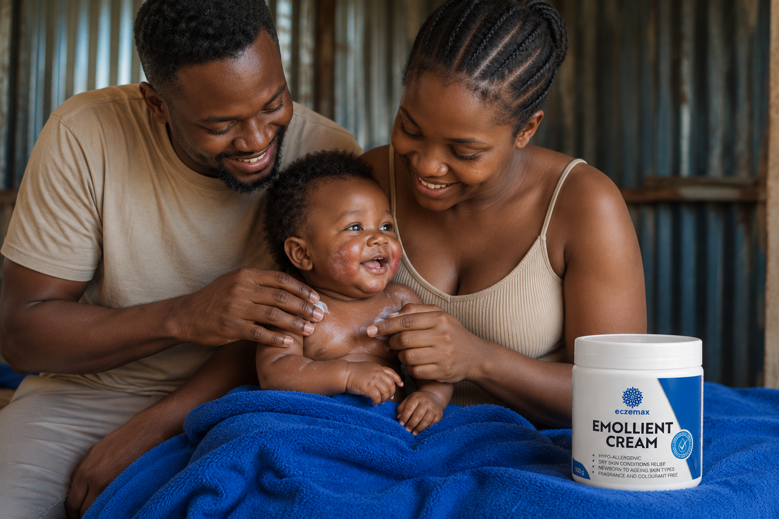 Parents applying Eczemax to their baby
